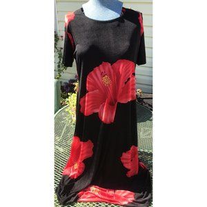 Vtg J J Fashion Hawaiian Women’s L Stretchy Knit Dress Tiki Black Red Hibiscus